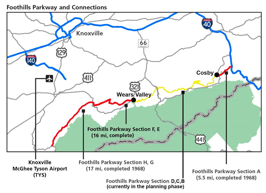 Foothills Parkway - map of completed sections and future plans for additions