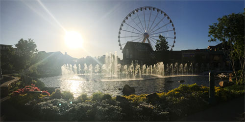 View of the GSM wheel behind the Island's fountain