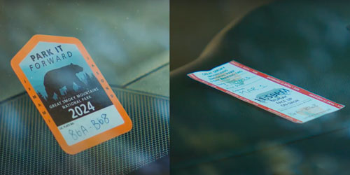 Image of an annual and a daily parking tag displayed in a vehicle's windshield - NPS Image