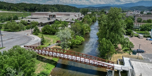 Aerial view of the completed pedestrian bridge Aerial view of the completed pedestrian bridge