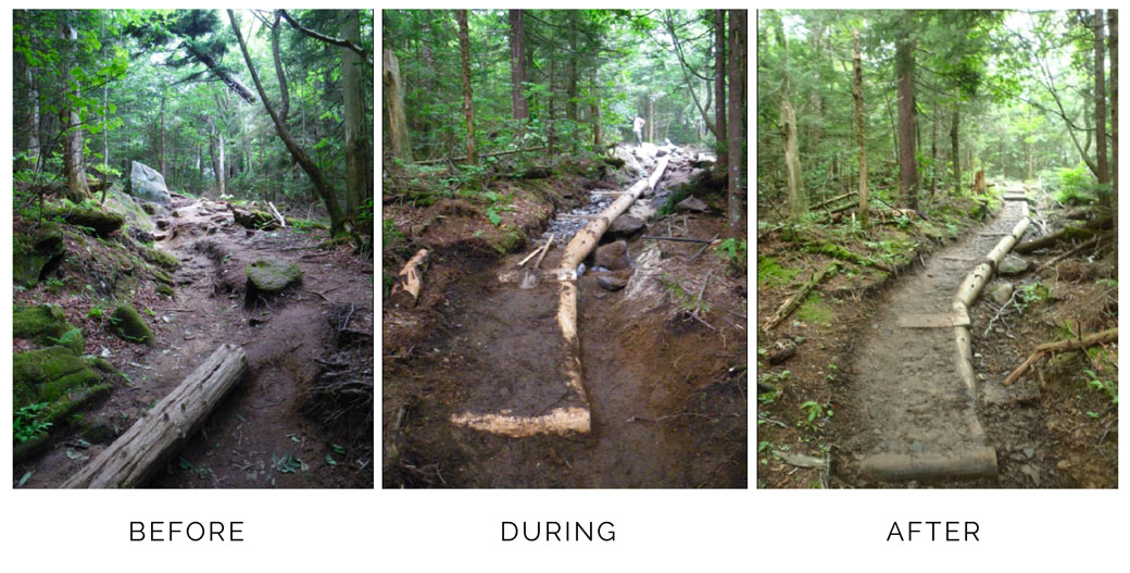 Trails Forever renovations on Forney Ridge Trail (Andrews Bald section) in 2010 - before, during and after